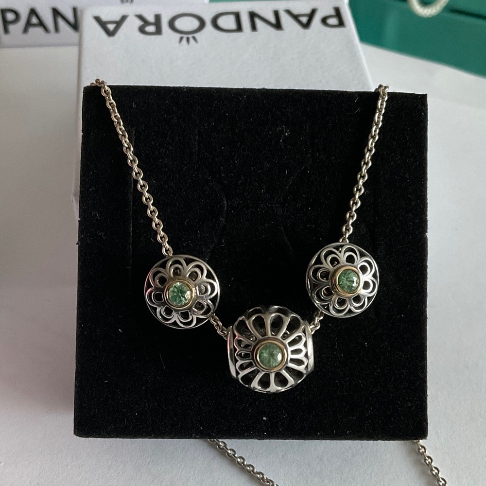 Pandora Silver Necklace with Green Highlights